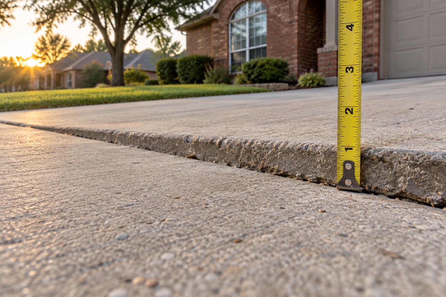 Settled North Texas driveway with a tape measure showing the uneven edge