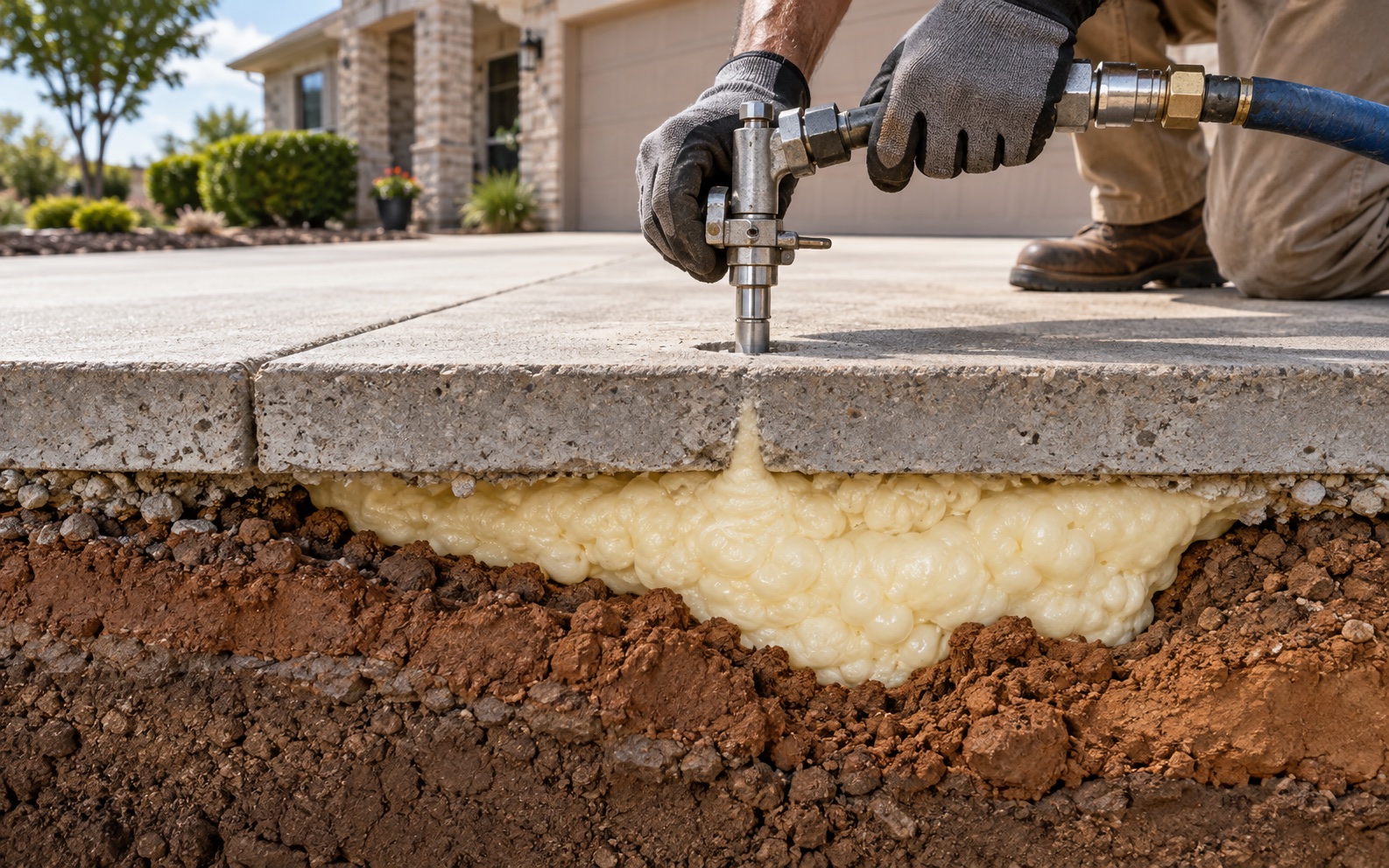 Polyurethane foam being injected below a concrete driveway slab