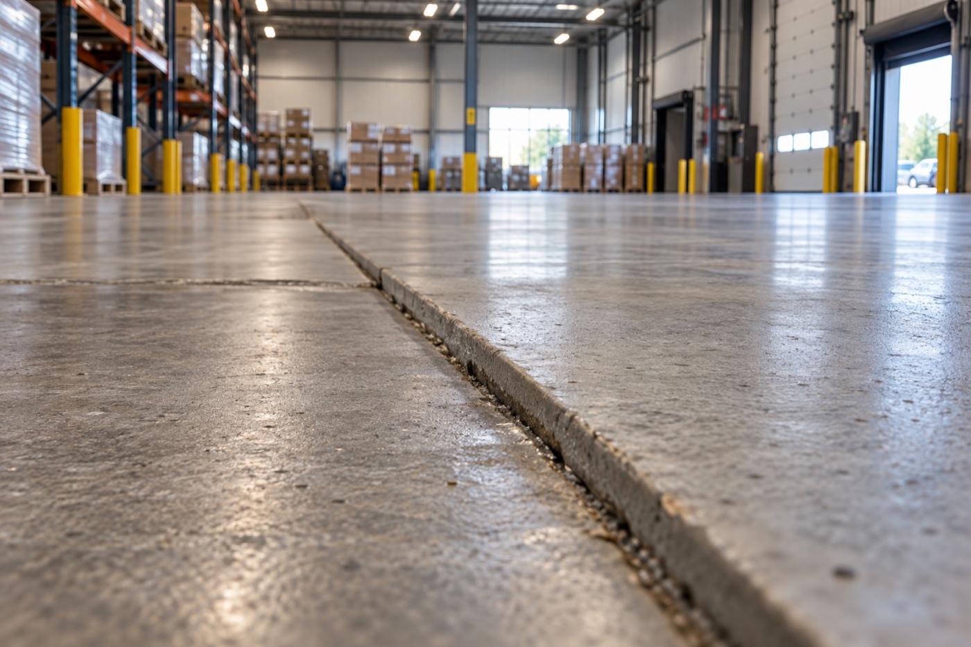 Uneven warehouse floor panels at a settled concrete joint