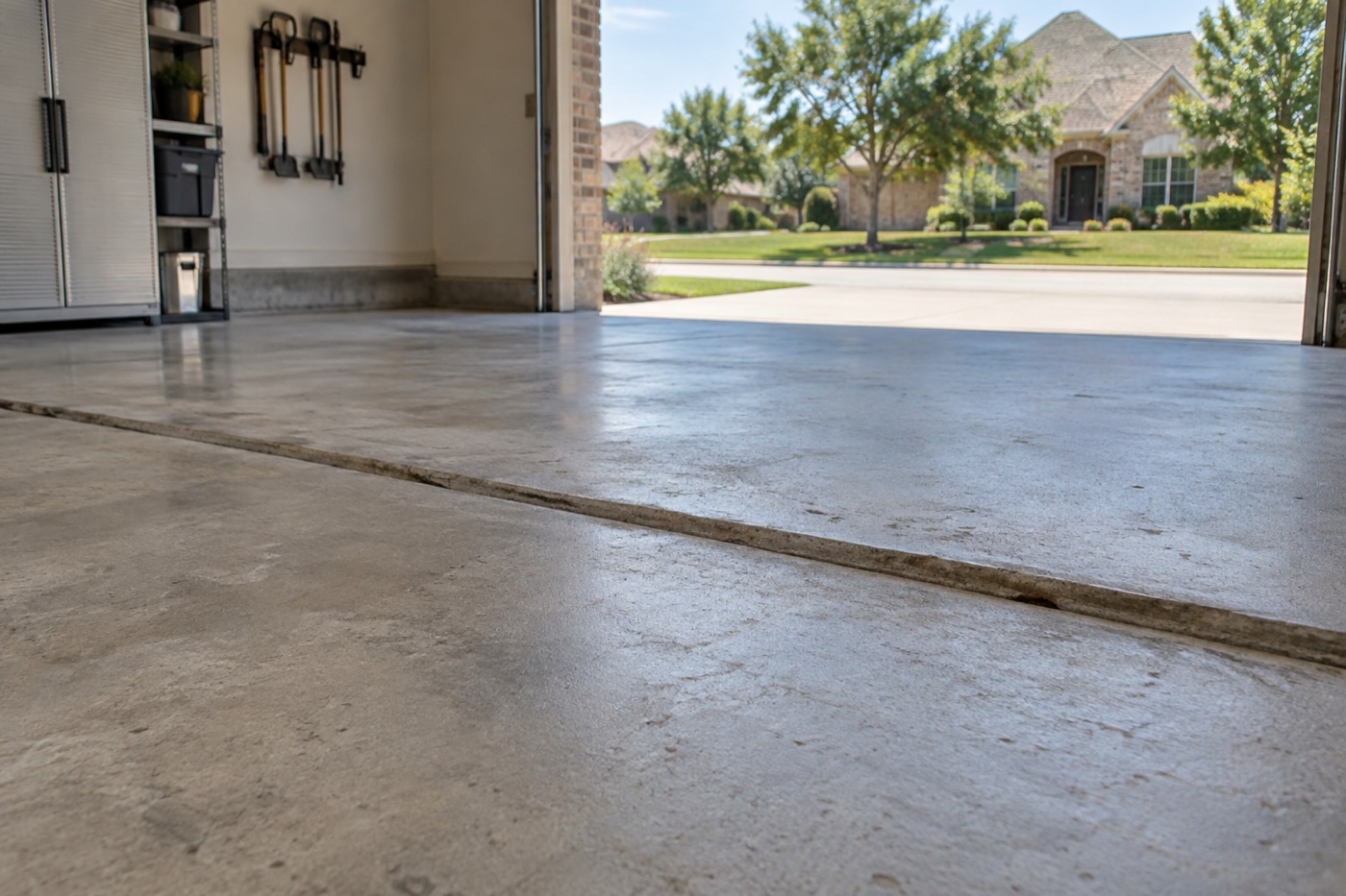 Settled garage floor slab creating an uneven seam