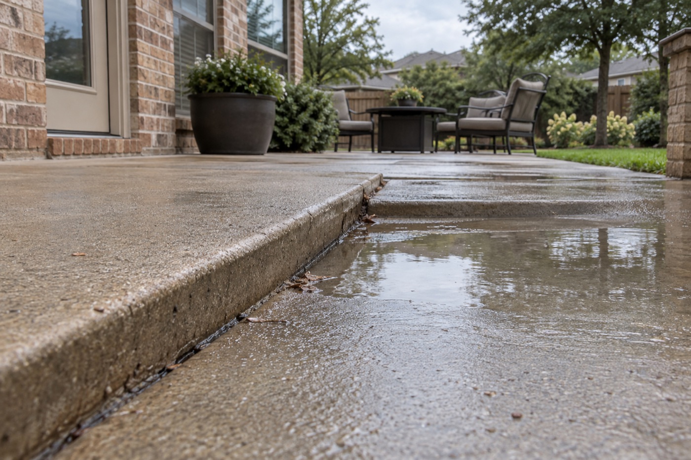 Sunken patio slab collecting water beside a raised panel