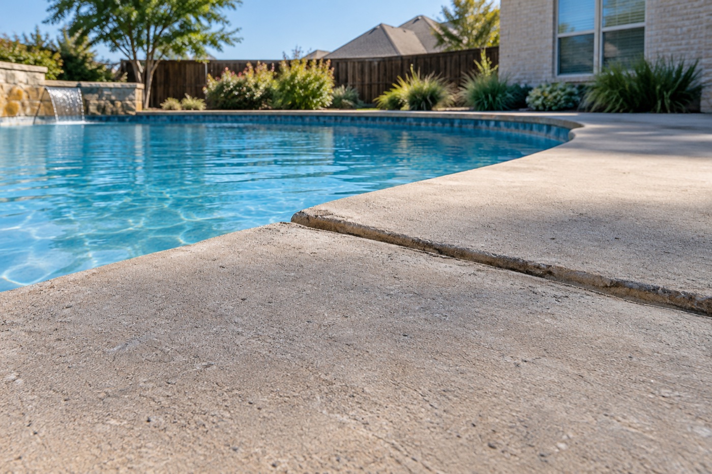 Uneven concrete pool deck with a raised edge near the pool