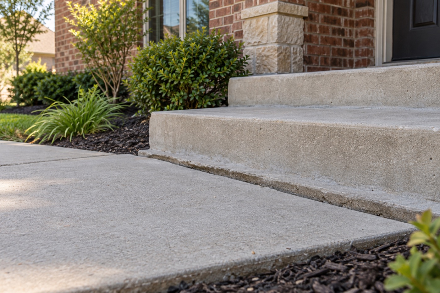 Settled sidewalk at the base of concrete front steps